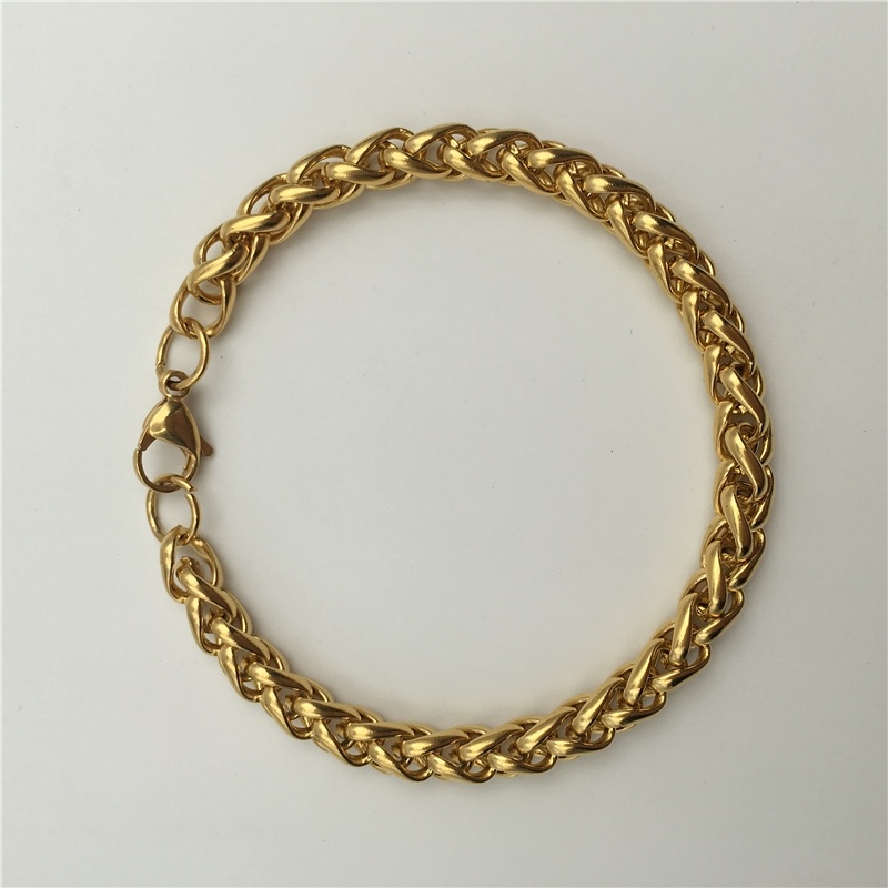 Men's Fashion Jewelry Gold-color 7mm Wheat Chain 316L Stainless Steel Bracelet B112