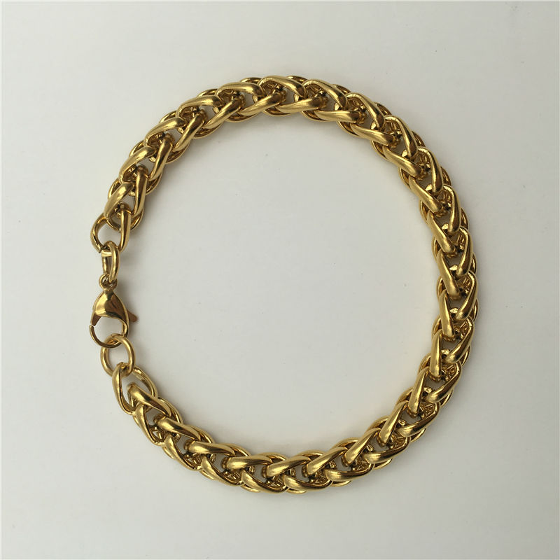 Men's Fashion Jewelry Gold-color 8mm Wheat Chain 316L Stainless Steel Bracelet B111