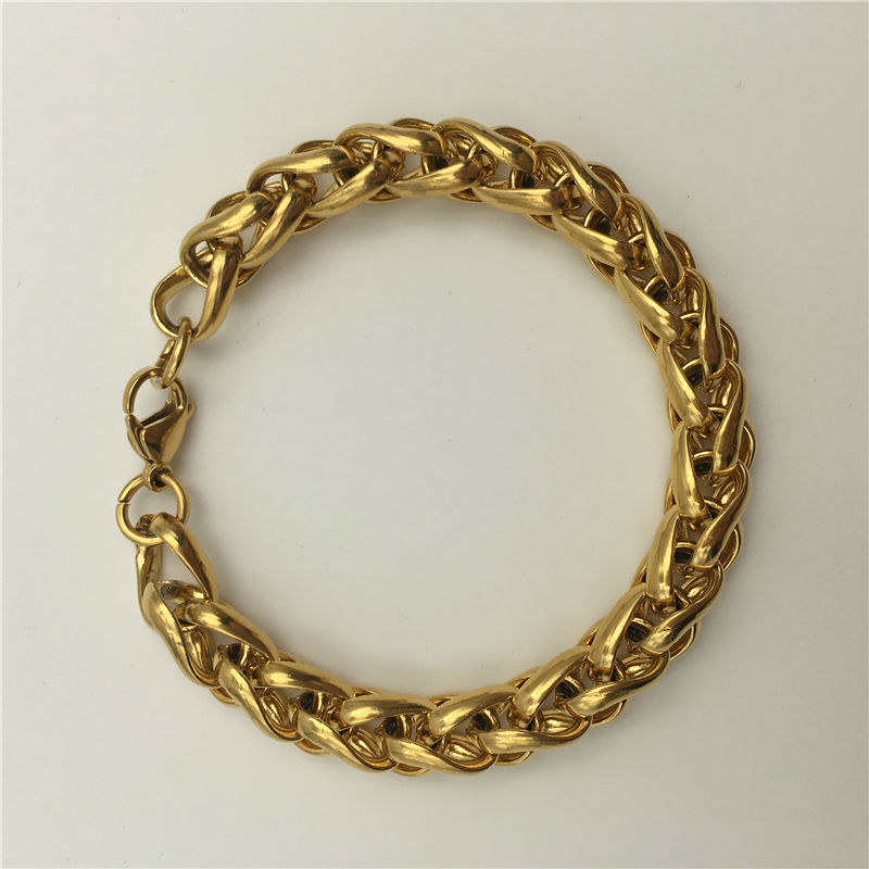Men's Fashion Jewelry Gold-color 10mm Wheat Chain 316L Stainless Steel Bracelet B110