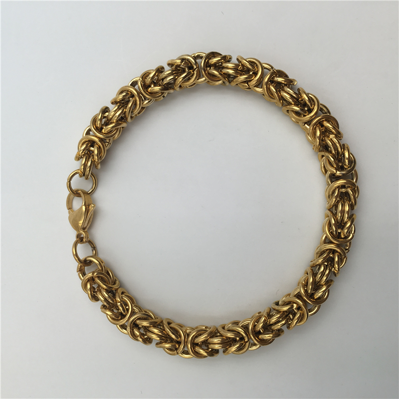 Men's Fashion Jewelry Gold-color 8mm Byzantine Chain 316L Stainless Steel Bracelet B113