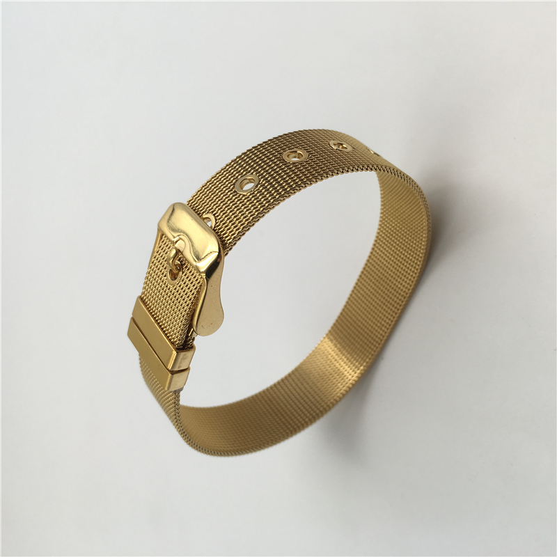 Men's Fashion Jewelry Gold-color 14mm Milanese Mesh Watch Strap Bangle 316L Stainless Steel Bracelet B123