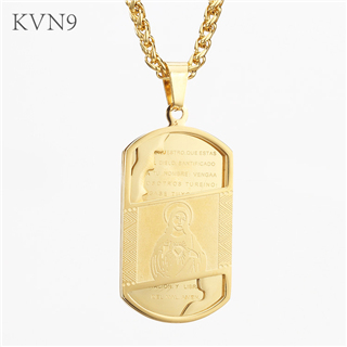 Dog Tag w/ Sacred Heart of Jesus Pendant Gold Plated Jewelry Stainless Steel Christian Necklace S111