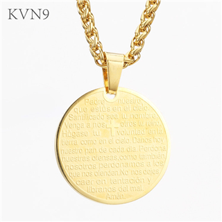 Round Coin w/The Lord's Prayer Pendant Men Necklace Gold Plated Stainless Steel Religious Jewelry S112