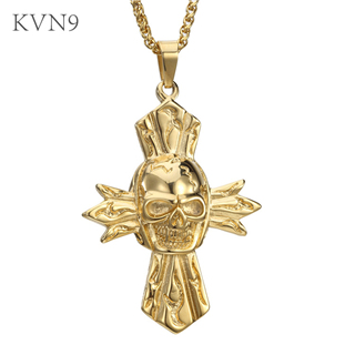 Cross with Skull Necklace Pendant Men's Gold Plated Jewelry Stainless Steel Skeleton Cross Chain Necklace S119/S120