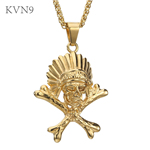 Indian Head Skull & Crossbones Pendant Necklace Gold Plated Jewelry Stainless Steel Skull Bones Necklace S195/S196