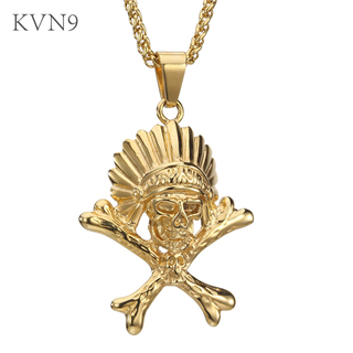 Indian Head Skull & Crossbones Pendant Necklace Gold Plated Jewelry Stainless Steel Skull Bones Necklace S195/S196
