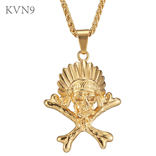 Indian Head Skull & Crossbones Pendant Necklace Gold Plated Jewelry Stainless Steel Skull Bones Necklace S217/S218