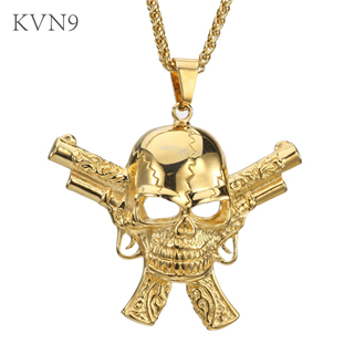 American Style Punk Double Guns Skull Pendant Necklace Gold Plated Jewelry Stainless Steel Pirate Necklace S223/S224