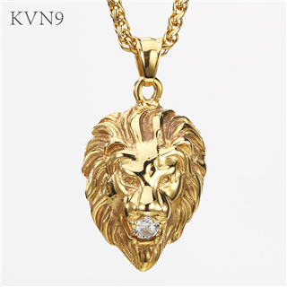 Lion Head with Rhinestone Pendant Gold Plated Hip Pop Jewelry Stainless Steel Animal Pendant & Necklace S225/S226