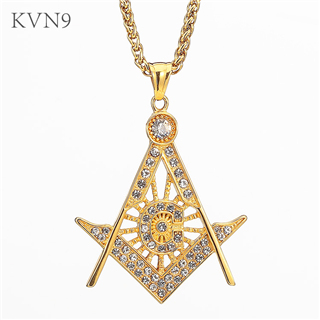 Trendy Free and Accepted Masons Pendant Gold Plated Jewelry  Rhinestone Inlaid Stainless Steel Religious Necklace S229/S230