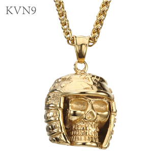 Helmeted Skull Pendant Necklace Men's Punk Gold Plated Jewelry Stainless Steel Skeleton Chain Necklace S231/S232
