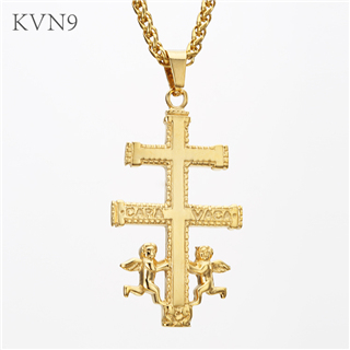 Cara Vaca Cross with Angels Pendant Necklace Gold Plated Vintage Christian Jewelry Stainless Steel Caravaca Cross Necklace S237/S238