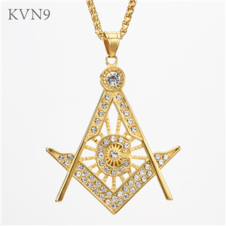 Trendy Free and Accepted Masons Pendant Gold Plated Jewelry  Rhinestone Inlaid Stainless Steel Religious Necklace S239/S240