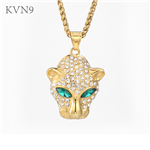 Panthers Head with Green Rhinestone Eyes Pendant Gold Plated Jewelry Stainless Steel Animal Jaguars Necklace S304