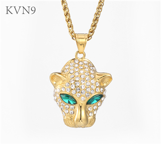 Panthers Head with Green Rhinestone Eyes Pendant Gold Plated Jewelry Stainless Steel Animal Jaguars Necklace S304