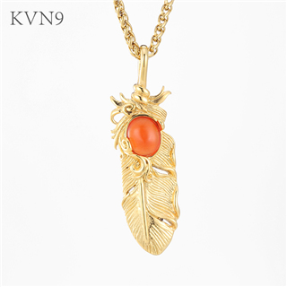 Feather w/ Red Rhinestone Pendant Necklace  New Punk Gold Plated Jewelry Stainless Steel Plume Chain Necklace S315/S316