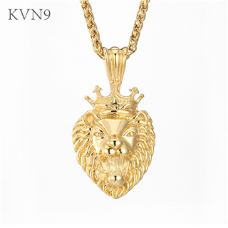 King Lion w/ Crown Pendant Necklace Gold Plated Jewelry Stainless Steel Animal Necklace S345
