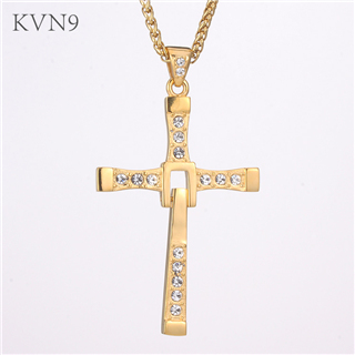 Cross Shape Pendant New Design Rhinestone Inlaid Jewelry Gold Plated Stainless Steel Cross Necklace S383/S384