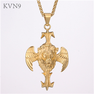 Lion Head with Wings Pendant Gold Plated New Trendy Jewelry Stainless Steel Animal Cross Shape Necklace S397/S398