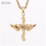 Vintage Cross Shape Wings Pendant New Design Jewelry Rhinestone Inlaid Gold Plated Stainless Steel Cross Necklace S409/S410