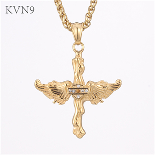 Vintage Cross Shape Wings Pendant New Design Jewelry Rhinestone Inlaid Gold Plated Stainless Steel Cross Necklace S409/S410