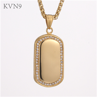 Dog Tag Pendant Gold Plated Rhinestone Inlaid Jewelry Stainless Steel Necklace S421