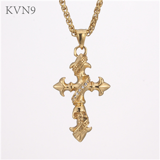 Latin Cross w/ Skull Pendant Rhinestone Inlaid Jewelry Gold Plated Stainless Steel New Design Necklace S431/S432