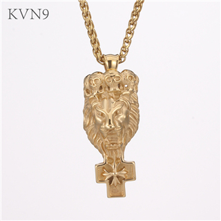 Vintage Lion Head with Cross Pendant Gold Plated New Trendy Jewelry Stainless Steel Animal Pendant & Necklace S437/S438