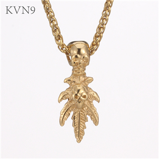 Maple Leaf w/ Skull Head Pendant Men Trendy Gold Plated Jewelry Stainless Steel Tree Leaf Skeleton Necklace S453